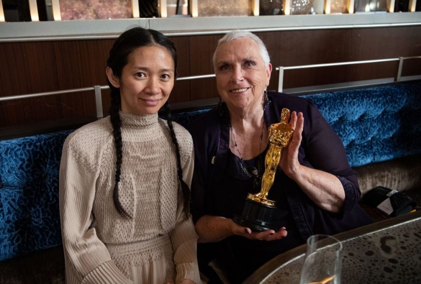 Chloé Zhao and Charlene Swankie of Best Picture winner 'Nomadland' pose backstage during the 93rd Annual Academy Awards at Union Station on April 25, 2021 in Los Angeles