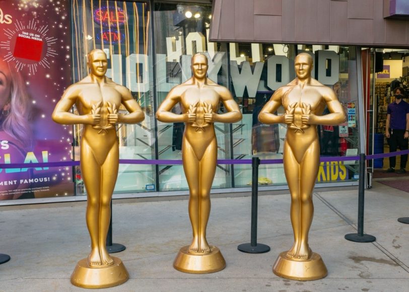 General view of Oscar-like statues on Hollywood Blvd near the Dolby Theatre at Hollywood & Highland on April 19, 2021 in Hollywood