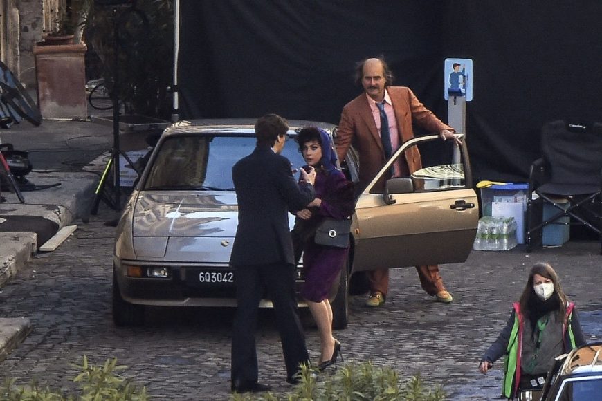 Lady Gaga, Jared Leto and Adam Driver on the set of House of Gucci on April 8, 2021 in Rome