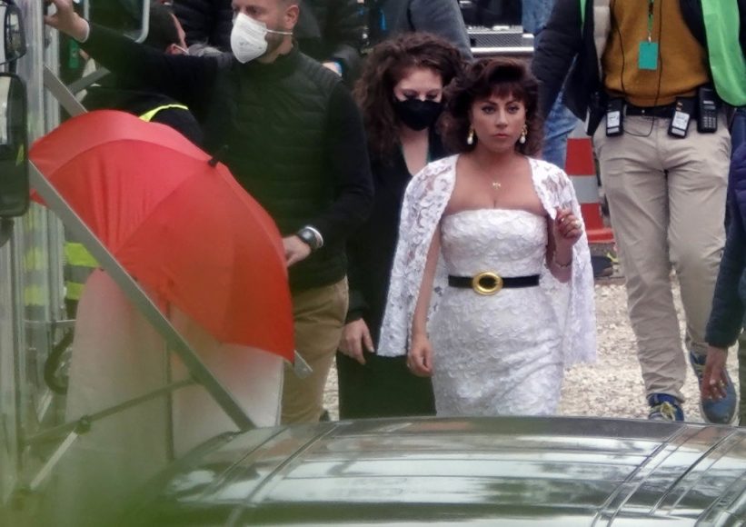 Lady Gaga in a bride gown on House of Gucci set on April 7, 2021 in Rome
