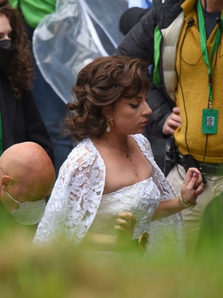 Lady Gaga wearing a bride gown on House of Gucci set on April 7, 2021 in Rome