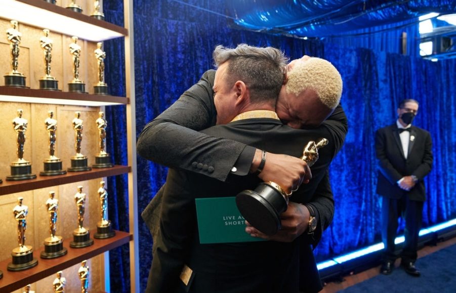 Martin Desmond Roe and Travon Free backstage with Oscar for Live Action Short during the 93rd Annual Academy Awards at Union Station on April 25, 2021 in Los Angeles