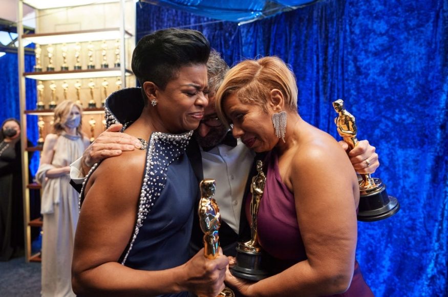 Mia Neal, Sergio Lopez-Rivera, and Jamika Wilson, winners of the Makeup and Hairstyling award for 'Ma Rainey's Black Bottom,’ backstage during the 93rd Annual Academy Awards at Union Station on April 25, 2021