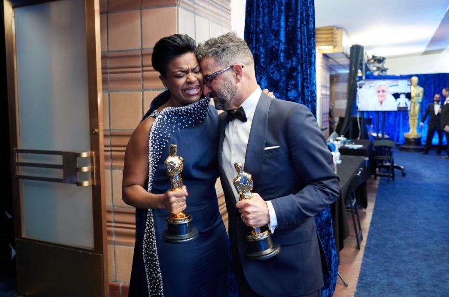 Mia Neal and Sergio Lopez-Rivera backstage with the Oscar for Best Makeup and Hairstyling during the 93rd Annual Academy Awards at Union Station on April 25, 2021 in Los Angeles