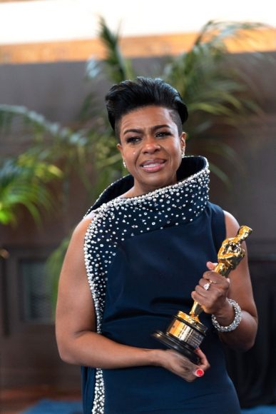Mia Neal backstage with the Oscar for Best Makeup and Hairstyling during the 93rd Annual Academy Awards at Union Station on April 25, 2021 in Los Angeles