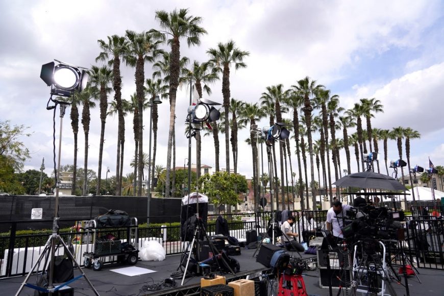 Media set up before the start of the Oscars on Sunday, April 25, 2021, at Union Station in Los Angeles