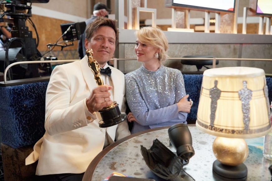 Thomas Vinterberg poses with the Oscar for International Feature Film with Helene Reingaard Neumann during the 93rd Annual Academy Awards at Union Station on April 25, 2021 in Los Angeles