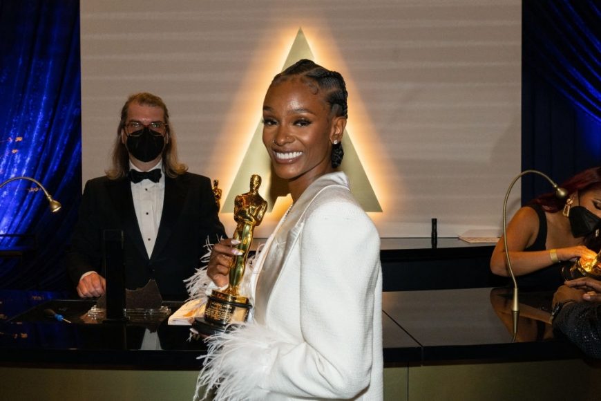 Tiara Thomas poses backstage with the Oscar for Best Original Song at the engraving station during the 93rd Annual Academy Awards at Union Station on April 25, 2021 in Los Angeles