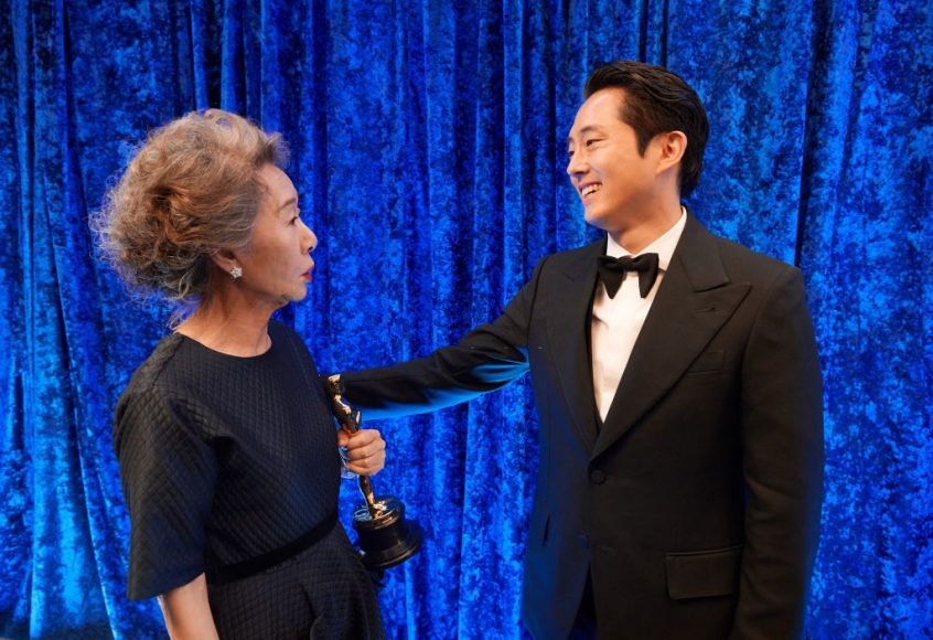 Yuh-Jung Youn poses backstage with the Oscar® for Actress in a Supporting Role with Nominee Steven Yeun during the 93rd Annual Academy Awards at Union Station on April 25, 2021 in Los Angeles