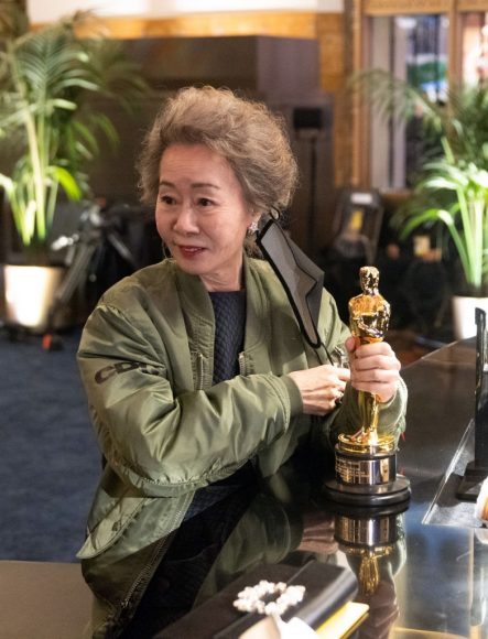 Yuh-Jung Youn poses backstage with the Oscar® for Actress in a Supporting Role with Nominee Steven Yeun during the 93rd Annual Academy Awards at Union Station on April 25, 2021 in Los Angeles