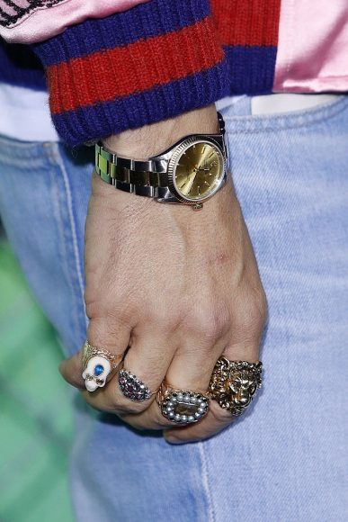 Alessandro Michele, watch detail, ring detail, at the premiere of Suicide Squad at The Beacon Theatre in NYC