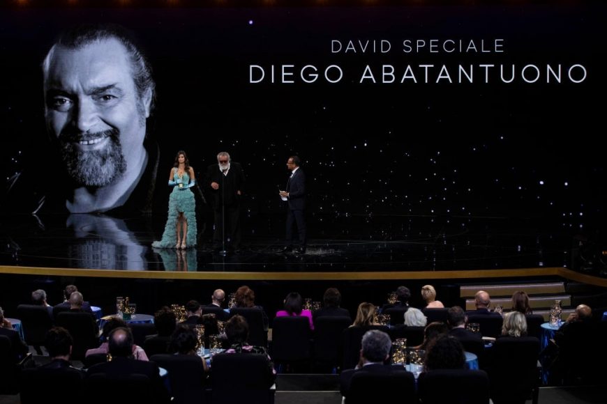 Diego Abatantuono and Carlo Conti attend the 66th David Di Donatello 2021 prize ceremony on May 11, 2021 in Rome