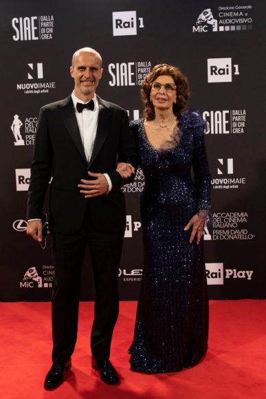 Edoardo Ponti and Sophia Loren attend the 66th David Di Donatello 2021 prize ceremony photocall on May 11, 2021 in Rome