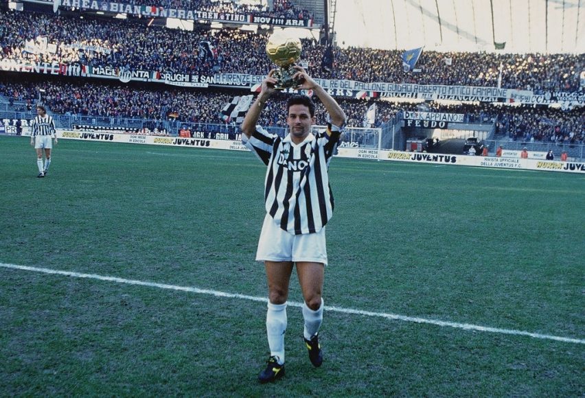 Roberto Baggio of Juventus celebrates in Turin after winning the golden ball during the Serie A on Stadio Delle Alpi in Torino