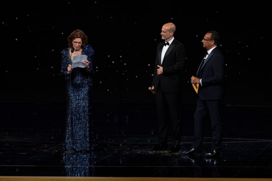 Sophia Loren, Edoardo Ponti and Carlo Conti attend the 66th David Di Donatello 2021 prize ceremony on May 11, 2021 in Rome